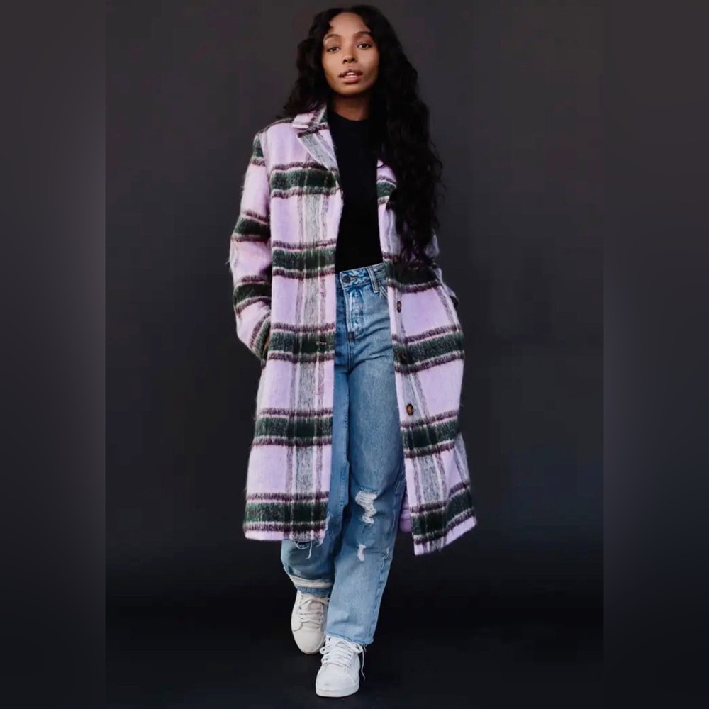 PANACHE APPAREL PLAID KNEE LENGTH PLAID WOOL BLEND COAT Purple Green Size Small